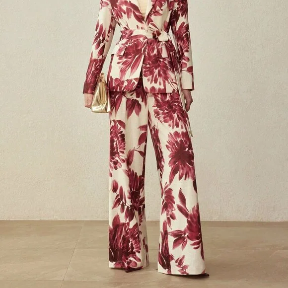 Burgundy Casual Women's Floral Print Straight Leg Wide Pants - Picture 6 of 7